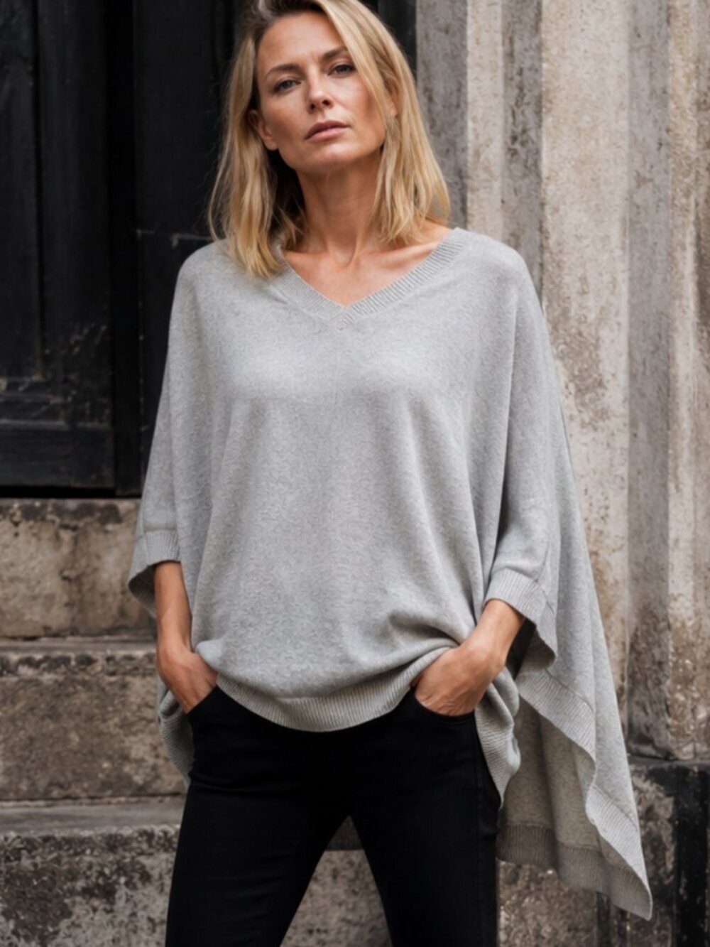 Cozy Grey Knit Sweater Cape